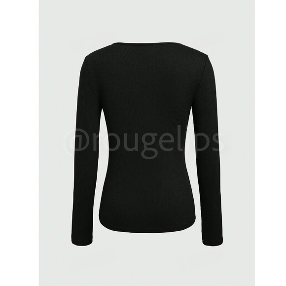 Black Rib-Knit Cutout Long Sleeve Fitted Tee Shirt Top - Picture 4 of 9